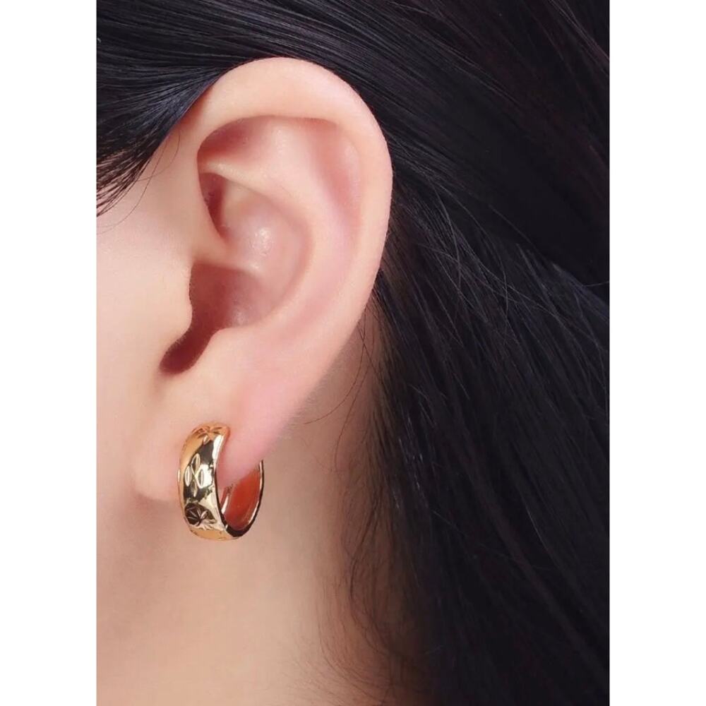 14K Gold Plated Textured North Star ⭐️ Carved Wide Small Huggie Hoop Earrings - Picture 3 of 3